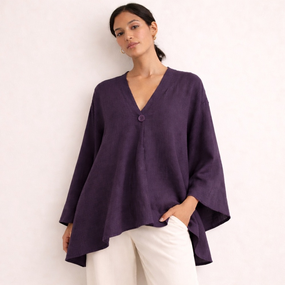Lagenlook Deep Purple Grape 100% italian Linen Cardigan Draped Minimalist Sz M